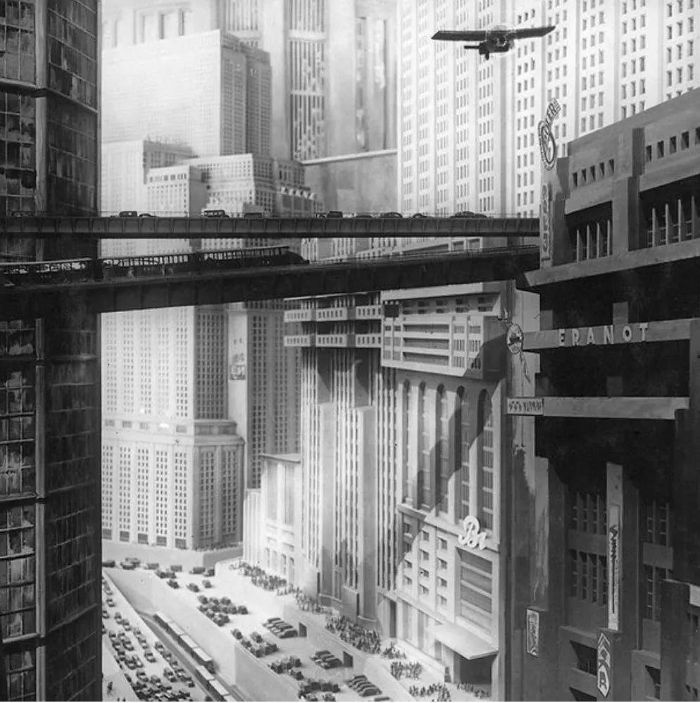 still of a city scene from a black and white film
